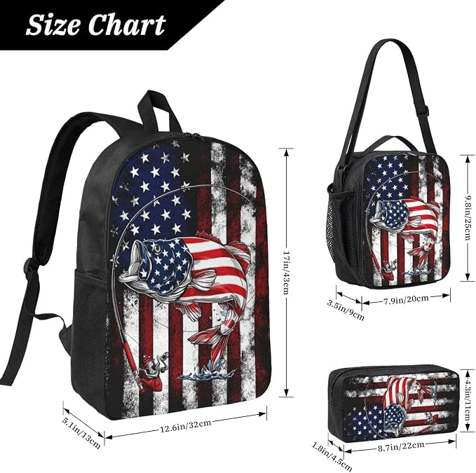 USA Fish Kid Backpack Set with Lunch Bag & Pencil Case Large Capacity School Bag 17 Inch Bookbag for Boy Girl - Image 2