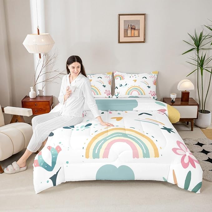 Cartoon Rainbow Comforter Set King, Iridescent Girly Quilt For Kids Boys Girls Women Bedroom Decor, Kawaii Flower Duvet Insert Love Heart Floral Bedding Set Rainbow Cloud Down Comforter,Colorful - Image 2