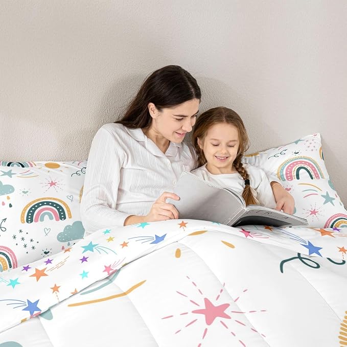 Erosebridal Rainbow King Bedding Sets for Girls, Sun and Stars Comforter Set Cartoon Style Cloud Quilt for Kids Boys Children Women Bedroom Decor, Hand Drawn Iridescent Duvet Insert - Image 5