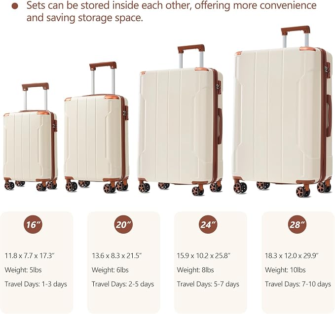 6 Piece Luggage Set Hard Shell - Brown White Expandable Suitcases with Spinner Wheels and Duffel Bags for Family Travel, Durable Carry On Luggage Sets with Lock for Women and Men - Image 2