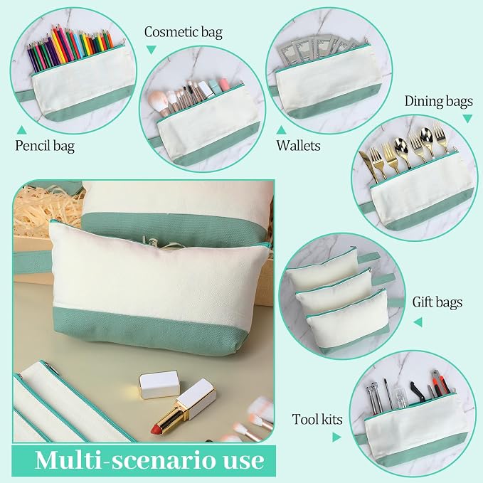 Silkfly 15 Pcs Cotton Canvas Makeup Bags Cosmetic Zipper Bags 10.2 x 5.5 x 2'' Blank DIY Pouch Bulk Pencil Case with Bottom Travel Toiletry Pouch for Women Craft Decor Gift (Beige and Green) - Image 4