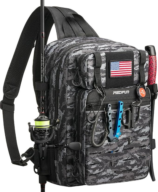 Piscifun Fishing Backpack Tackle Bag with 2 Rod Holders, Multi-Compartment Storage, MOLLE System, Water-Resistant Lightweight Outdoor Pack by Piscifun