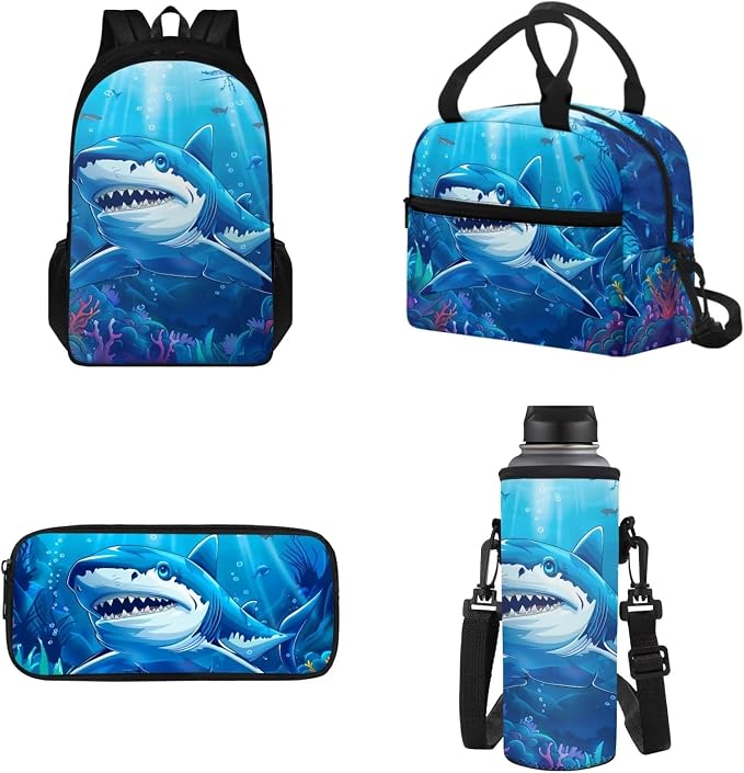 Backpack for Boys with Reusable Lunch Bag Pencil Bag Water Bottle Sling for School, Sea Shark Double Zipper Students Schoolbag Bookbag Elementary Middle School Rucksack by Tomeusey