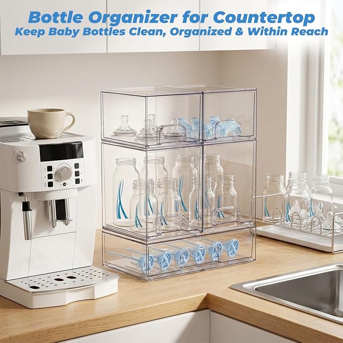Baby Bottle Organizer, 5 Pack Stackable Storage Dust-proof Drawers, Clear Plastic Bottle Station Organizer for Countertop & Cabinet, Pacifier and Medicine Container for Nursery - Image 4