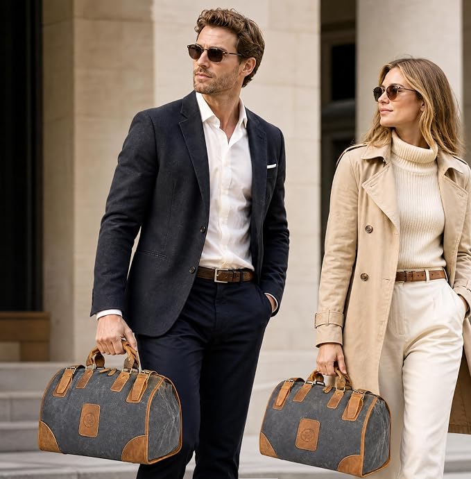 Canvas + Leather Travel Luggage Tote Duffle Gym Suitcase Weekender Overnight Bag For Men Male FB8151 (8151-Gray) - Image 3