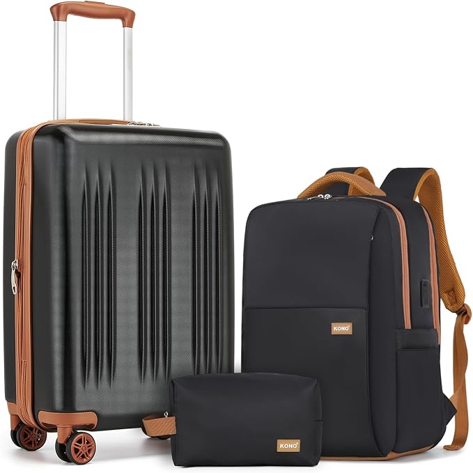 Kono Luggage Sets 3 Piece Expandable Carry On Travel Luggage 20 Inch TSA Lock Spinner Wheels Hardshell Suitcase Set(Black&Brown,3 Piece Set) by Kono