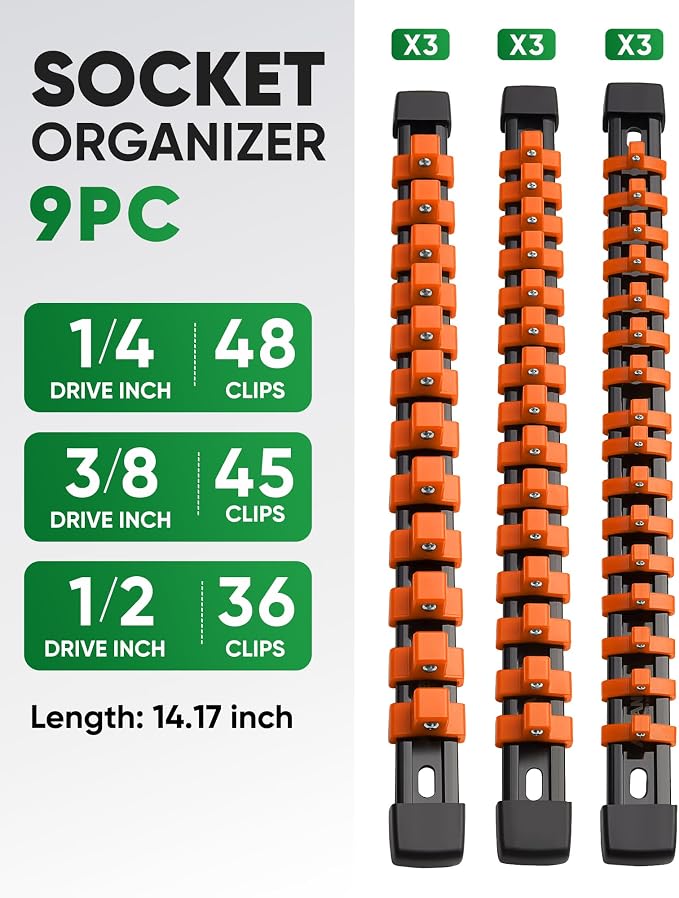 ALOANES 9PC Socket Organizer, Socket Rails Fit 1/2", 1/4" and 3/8" Drive | Heavy Duty ABS Socket Holders Hold up 129 Sockets for Mechanics Toolbox Drawer Bags(Orange) - Image 2