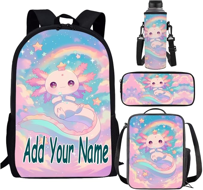 Personalized Cute Axolotl Backpack for School Girls 2nd Grade with Lunch Box Rainbow Elementary Bookbag Set Neon Custom Back Pack Lunchbox Pencil Case Watter Bottle Holder Back Pack for Kids by SCRAWLGODDreamWardrobe