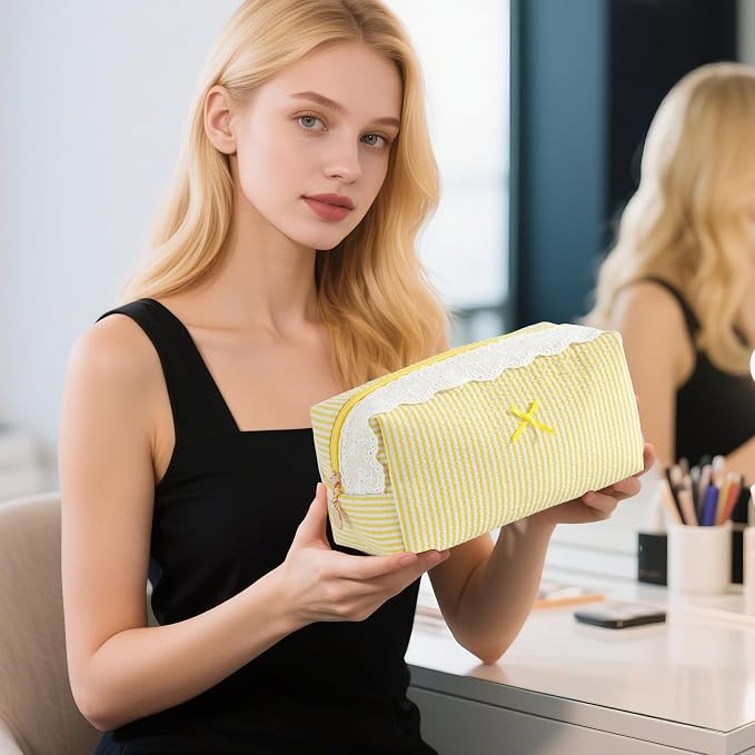 Makeup Bag Travel Toiletry Bag for Women, Small Cosmetic Bags with Lace Trim Cute Yellow Stripe Aesthetic Organizer Makeup Pouch for Purse Emergency Bag Pencil Case Accessory Bag - Image 2