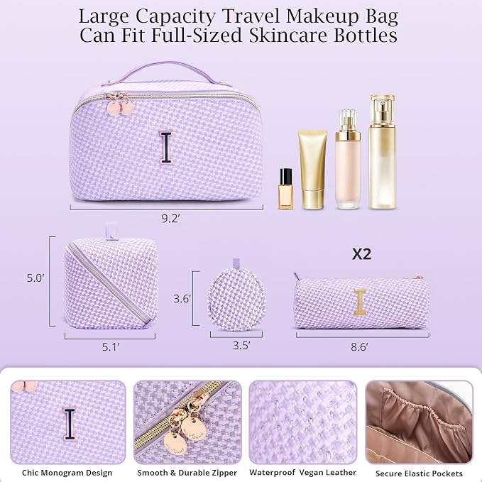 Personalized Gift Travel Makeup Bag: Initial Makeup Organizer Bag for Women | 3-in-1 Custom Make up Bag Set - Vegan Leather Travel Cosmetic Bag - Luxury Gift for Women – Birthday, Anniversary, Graduation - Image 6