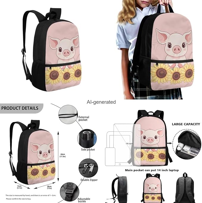 Cute Pig Preschool Backpack for Girls with Lunch Box Water Bottle Holder and Soft Pencil Case 4 In 1 Set Bookbag with Front Pocket for School Aesthetic New Semester Gifts Bag - Image 3
