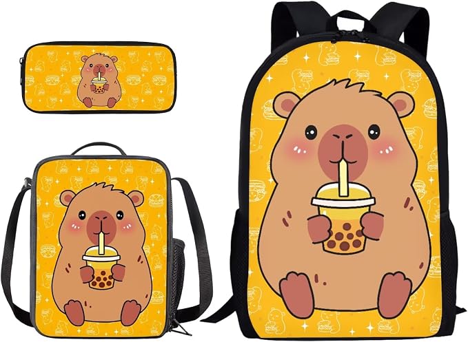 Capybara Bubble Tea Star Print 17 Inch Backpack Schoolbag 3 Piece for Boy Girl, Lightweight Daypack Set with Reusable Lunch Box and Pencil Bag, Durable School Bookbag Set, Yellow by PCSJRKG