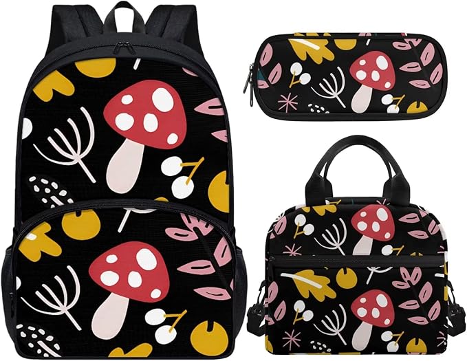 Black Cartoon Mushroom Backpack with Lunch Box and Pencil Case Girls Comfy Padded Cute School Backpack Set of 3 Bookbag for Student Lightweight Large Capacity Daypack - Image 2