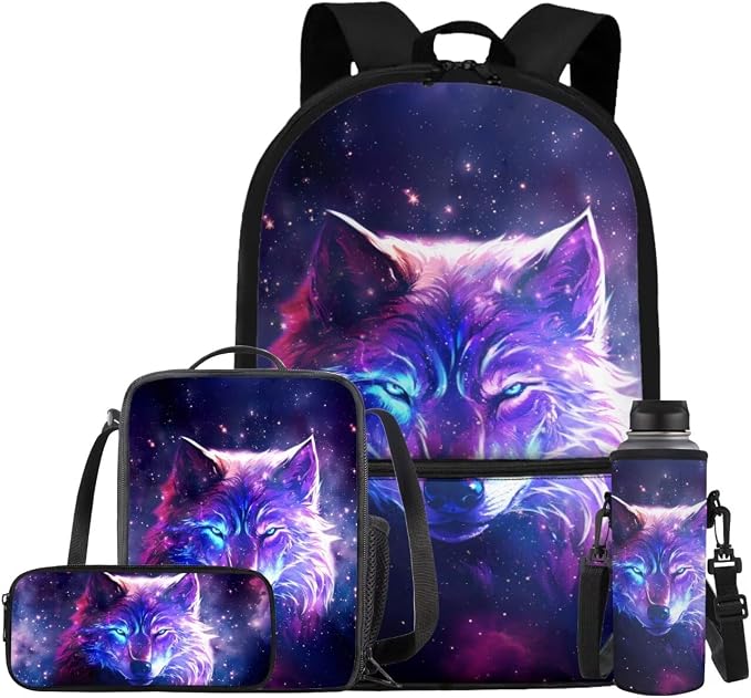 Galaxy Wolf Backpack for Girls Boys Backpack with Lunch Box Water Bottle Holder with Strap and Aesthetic Pencil Case 4PCS Set Bookbag with Front Pocket for School 17 inch School Bag for Kids by ELEDIZI