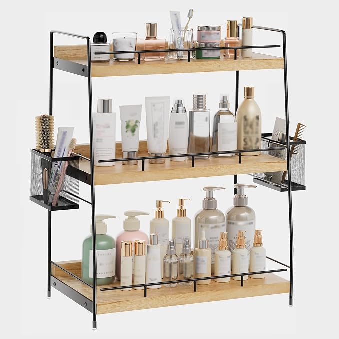 3 Tier Bathroom Counter Organizer with Side Baskets, Wood Countertop Vanity Shelf,Sturdy Metal Frame fits Tall Bottles by BSTSLL