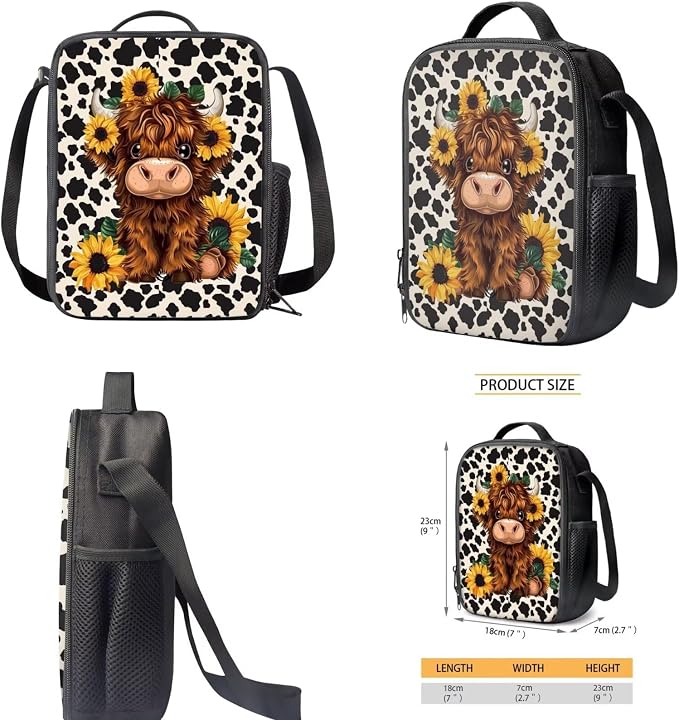 Highland Cow Print Girls Backpack with Lunch Box and Water Bottle Holder Sunflower Bookbags for 1st Grade Kids 4-6/6-8 Elementary School Back Pack Lunch Bag Pencil Case Book Bags Lunchbox - Image 5