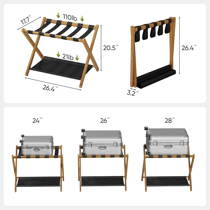 Smart FENDEE Luggage Rack, Folding Luggage Rack for Guest Room, Walnut Bamboo Suitcase Stand Holds up to 131 lb, Luggage Stand with Storage Shelf for Hotel, Bedroom (1 Pack) - Image 3