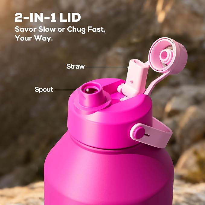 POWCAN 64 oz Insulated Metal Water Bottle for Women: 2-in-1 Straw & Spout Lid, Keep Cold 48H, Leakproof, Carrier Bag, Half Gallon Stainless Steel Water Bottle for Sports, Travel, and Fitness (Peony) - Image 3