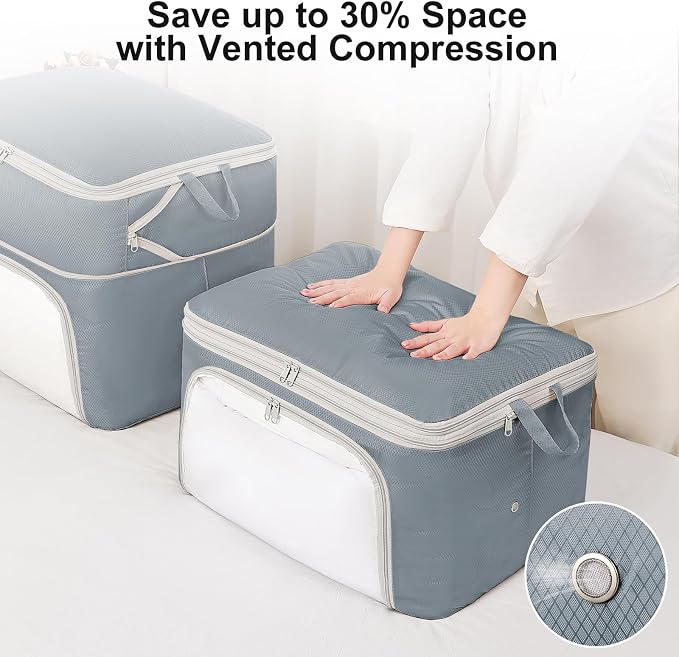 Comforter Storage Bag - Large Capacity Blanket Storage Bags Front-opening Ultra Space Saving Self Compression Organizer, Washable Compression Bags for Storage Comforter Blanket, 1 Pack, Grey - Image 3