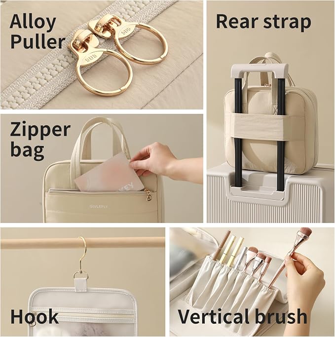 GIVLEFLY Luxury Hanging Makeup Bag for Women, Large 4-Layer Foldable Waterproof Cosmetic & Skincare Organizer with Handle, Fits Suitcase & Train Seat for Travel（beige） - Image 7
