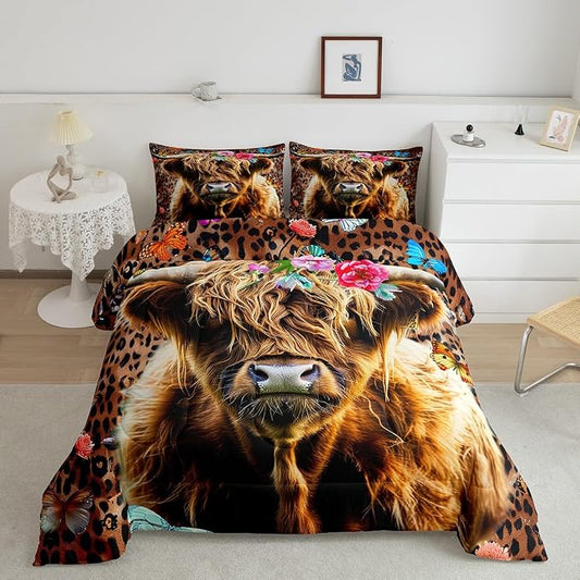 Erosebridal Kids Highland Cow Bedding Set Queen Size, Boys Teens Leopard Print Comforter Set Girls Butterfly Western Cowboy Duvet Insert Bull Cattle Flower Duvet Sets Soft for Bedroom Decor, Brown by Erosebridal
