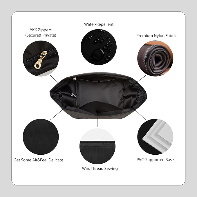 Picotin 18 Bag Insert Premium Nylon, Luxury Smooth Picotin 18 Purse Organizer Insert with Zipper Pockets, Smooth Zipper Inner Liner for Women's Handbags (PC18, Black) - Image 6