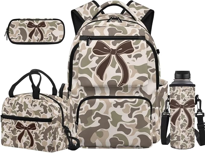 Brown Camo Bow 4 Piece School Backpack Set for Kids, 17 Inch Multi-Pocket Backpack with Lunch Bag, Pencil Case and Water Bottle Holder for Elementary Middle School by Unknown