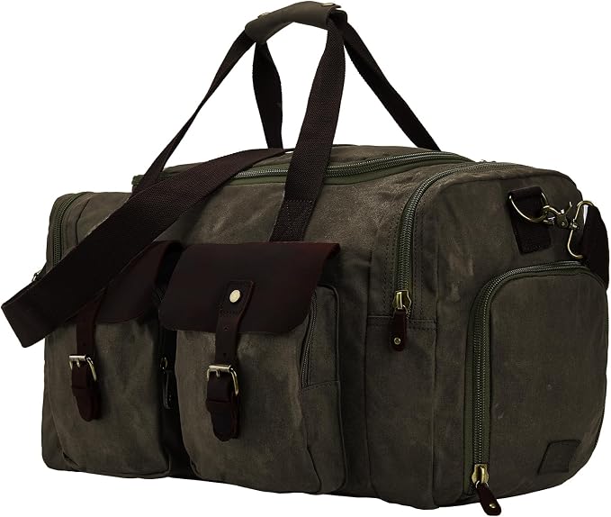 Waxed Canvas Duffel Bag with Shoe Compartment | Waxed Canvas Travel Bag for Men, Genuine Leather Trim, Shoe Compartment, Front Pockets, Weekend, Overnight and Carry-On Use - Image 6