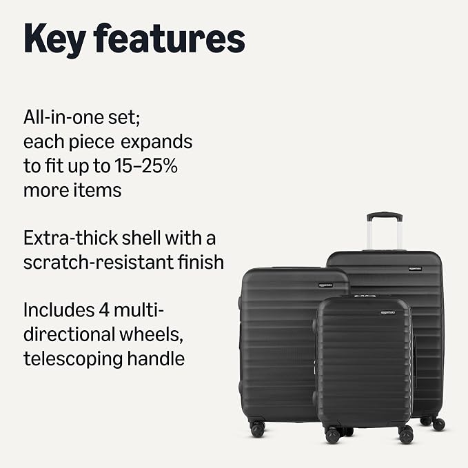 Amazon Basics 3-Piece Hardshell Luggage Set (21", 26", 30"), Scratch-Resistant Expandable Suitcases with Multi-directional Wheels and Telescoping Handle, Black - Image 2