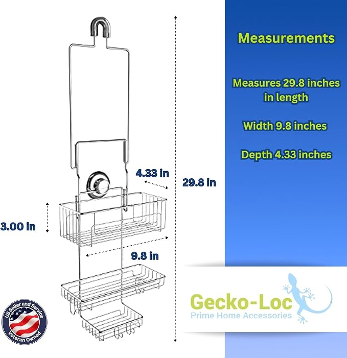 Gecko-Loc Extra Long Adjustable Length over the showerhead hanging shower caddy - bathroom caddies - for Shampoo, Soap, & Razors - Silver - Image 4