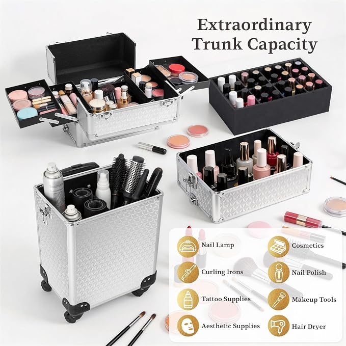 4 in 1 Makeup Train Case - Professional Cosmetology Case on Wheels, Large Transformable Makeup Train Case & Barber Case, Portable rolling makeup case & Makeup Cart, Silver - Image 2