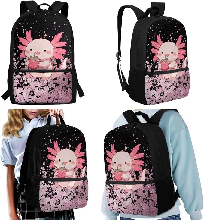 Axolotl School Backpack for Girls 6-8 Years Old with Lunch Bag Elementary Strawberry School Backpack Kids Lunchbox Set 4 Piece Bookbag/Lunch Box/Pencil Case/Water Bottle Holder - Image 2