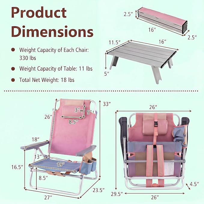 Giantex Folding Beach Chair, Patio Sling Chairs with 5 Adjustable Position, Head Pillow, Storage Bag, Towel Bar, Cup Holders, Backpack Chairs for Sunbathing, Camping Chair - Image 3