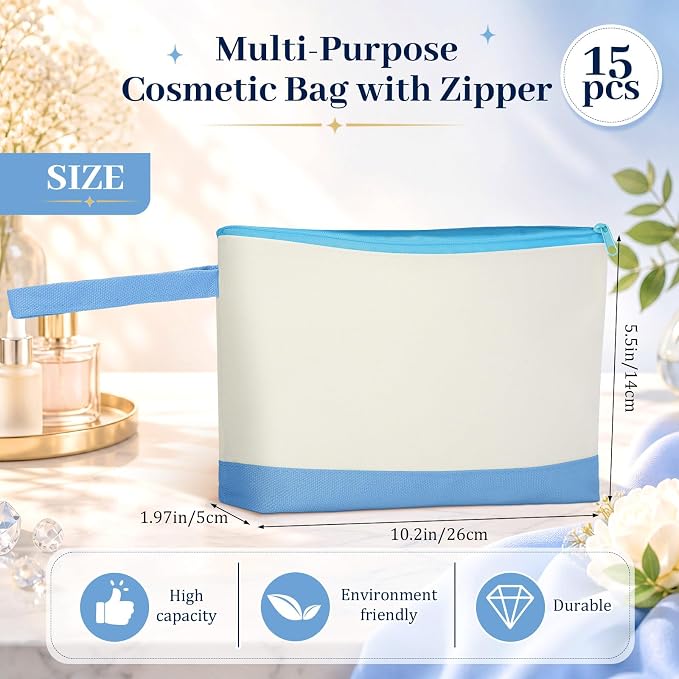 Silkfly 15 Pcs Cotton Canvas Makeup Bags Cosmetic Zipper Bags 10.2 x 5.5 x 2'' Blank DIY Pouch Bulk Pencil Case with Bottom Travel Toiletry Pouch for Women Craft Decor Gift (Beige and Light Blue) - Image 2