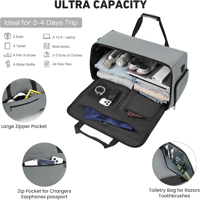 Garment Duffle Bags for Travel,Convertible Garment Bag with Shoes Compartment,Suit Carry-on Bag Expandable with Shoulder Strap for Men and Women Business Trip,Weekend,Wedding(Grey) - Image 2