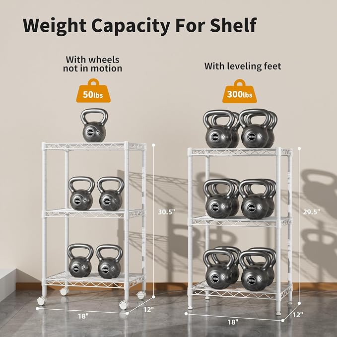 Golpart Small 3 Tier Shelves Storage Wire Shelving Unit Metal Shelf Adjustable Organizers Storage Shelving with Wheels for Bathroom Laundry Room Kitchen Pantry11.7”D x 17.7”W x 30.7”H White - Image 7