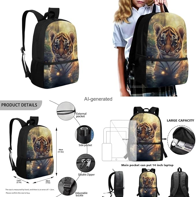 Cute Tiger Backpack for Girls Boys Backpack with Lunch Box Water Bottle Holder with Strap and Soft Pencil Case 4PCS Set Bookbag with Front Pocket 17 inch Sturdy Elementary School Bag for Kids - Image 3