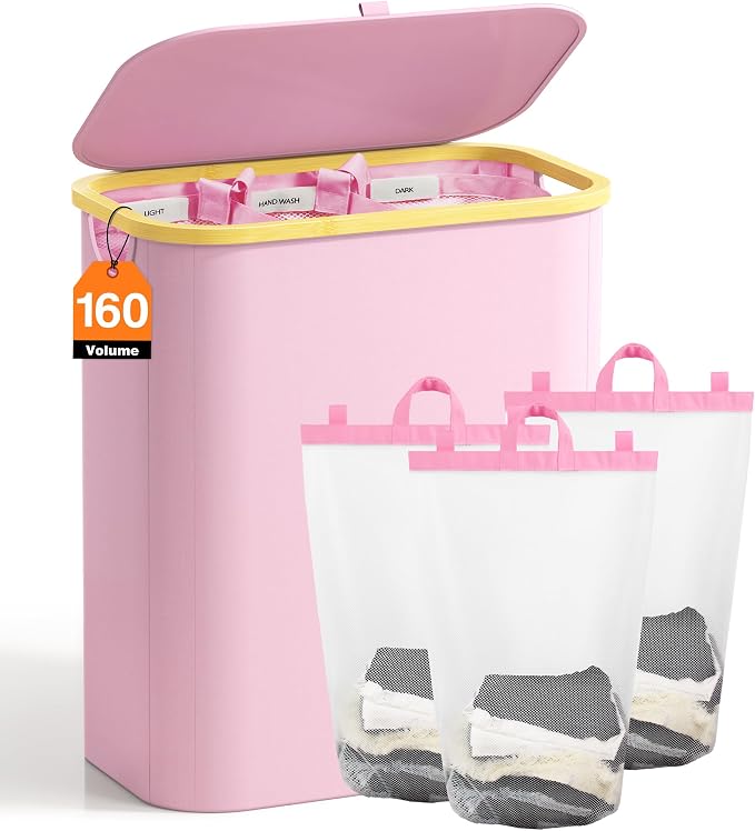 Hampers for Laundry Basket with Lid, 160L Large Laundry Hamper 3 Section | Dirty Clothes Hamper Separator with 3 Removable Bags & 5 Labels, Divided Laundry Organizer for Bedroom, Laundry Room, Pink by Bathola