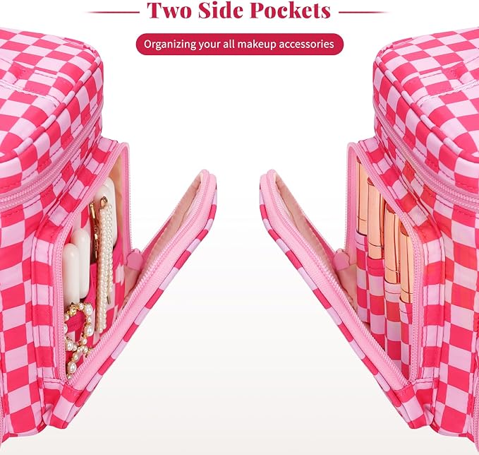 Bagmoly Large Checkered Makeup Bag, Travel Makeup Bag Organizer for Women Girls with Makeup Brush Compartment & Two Side Pockets, Cosmetic Travel Bag Vertical Storage Toiletry Bag- Hotpink - Image 5