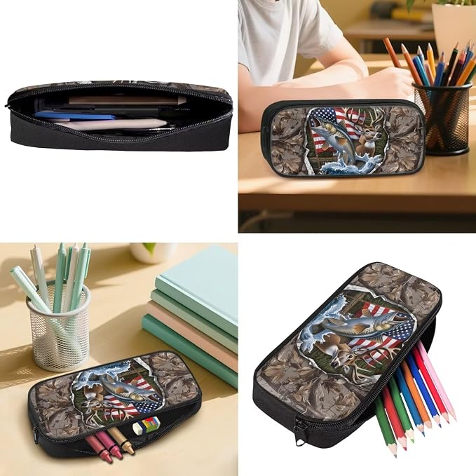 GIFTPUZZ 4-in-1 Camouflage Deer Fish American Flag Kids Backpack Set | Patriotic School Bookbag with Lunch Box for Elementary Boys, Zippered Pencil Case Pouch, Water Bottle Holder, Ages 6-8 - Image 5