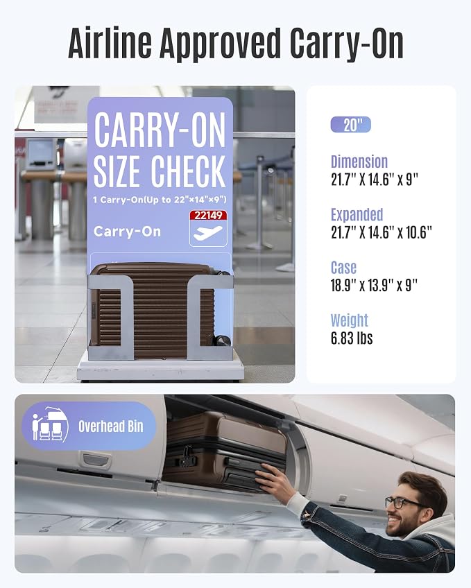 LIGHT FLIGHT Carry On Luggage 22x14x9 Airline Approved, Coffee Brown | Airline Approved, Hard Shell with Wheels, Expandable Hardside, Lightweight, TSA Lock - Image 4