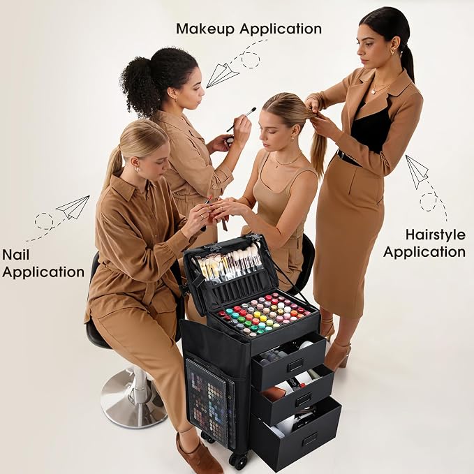 Stagiant Rolling Makeup Case 4 in 1 Soft Sided Professional Cosmetology Case on Wheels Freelance Makeup Artist Nylon Cosmetic Organize Storage Nail Technician Hair Stylist 3 Drawers Black - Image 8
