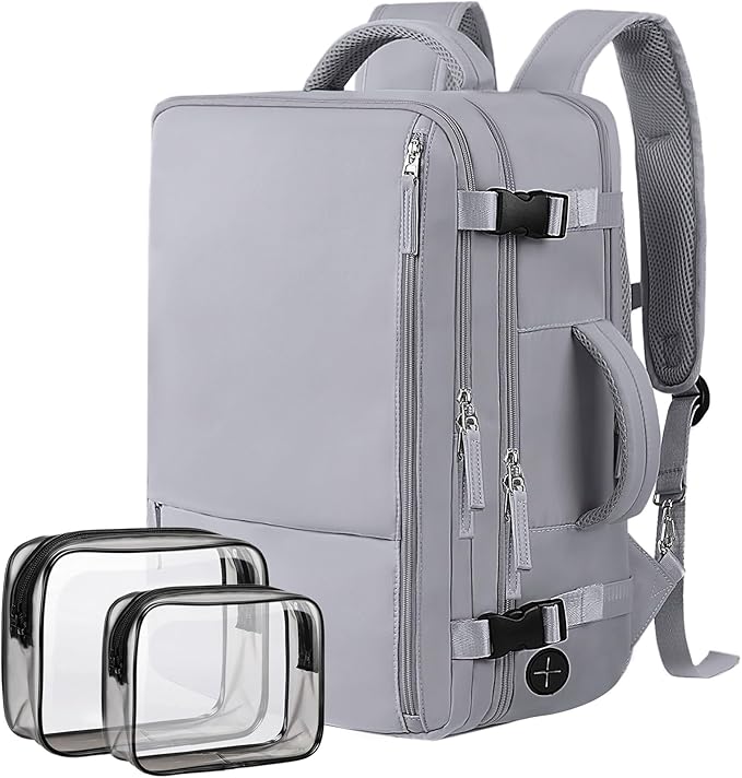 Hanples Travel Backpack for Women, 17 Inch Waterproof Laptop Backpack | 35L Carry on Backpack, TSA Flight Approved Anti Theft Travel Bag, Casual Daypack with 2 Toiletry Bags for Trips, Gray by Hanples