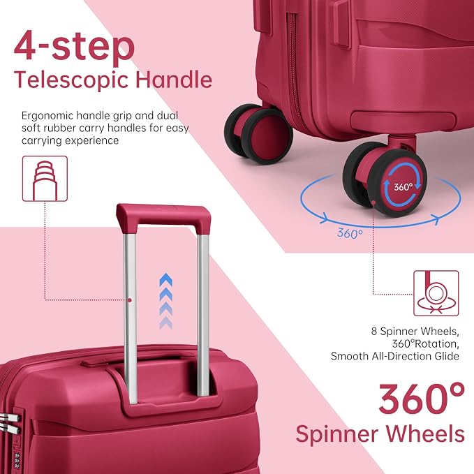 Carry On Luggage 22x14x9 Airline Approved, 22 Inch PP Hardshell Luggage Carry-on Suitcase with Spinner Wheels, Carry On Suitcase Set for Women(Rose Red) - Image 3