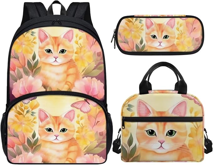 Floral Cat Print Backpack Set for Girls Kids Lightweight Cute School Backpack with Lunch Box Pencil Case Adjustable Strap Padded Book Bag Insulated Lunch Bag - Image 2