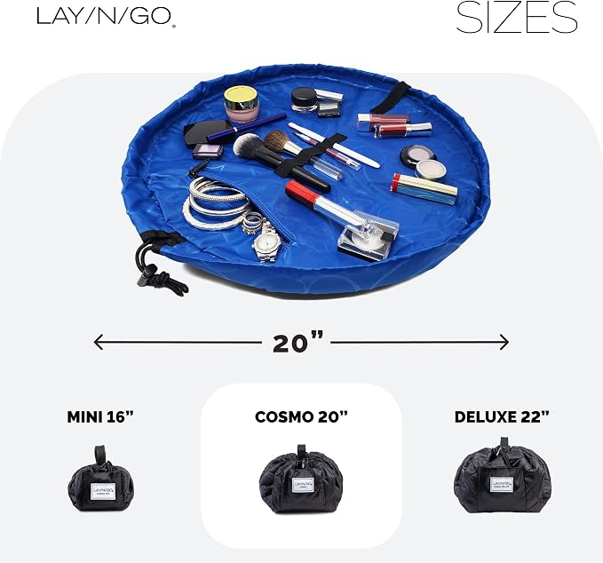 Lay-n-Go Cosmo Lay Flat Drawstring Cosmetic & Makeup Bag Organizer - Zipper Pocket, Brush Loops & Storage - Machine Washable, Toiletry Carrier for Travel, Cinch Closure, Gift (20", Sky Blue) - Image 6