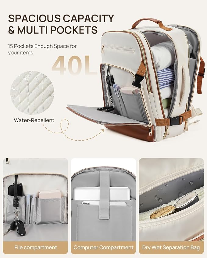 Telena Travel Backpack for Women, 17.3 inch Laptop TSA Carry On Personal Item Size Flight Approved Travel Bag Daypack with Multi-Pockets for Work, Travel, Business, Beige-Brown - Image 6