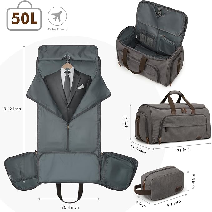 S-ZONE Carry On Garment Bag for Travel Convertible Garment Duffle Bag Suit Bags for Men Women Travel 2 in 1 Hanging Suitcase Business Travel Bag with Toiletry Bag, Gery, 50l | 2-in-1 Hanging Suitcase, with Toiletry Bag, Wet/Dry Pockets, Shoe Compartmen... - Image 3