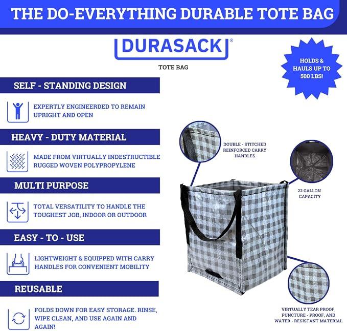 DURASACK Heavy Duty Storage Tote Bag 22-Gallon, Gingham Gray, Pack of 4 | Rugged Woven Polypropylene Moving Bag, Reusable Self-Standing Design, Holds up to 500 Pounds - Image 3