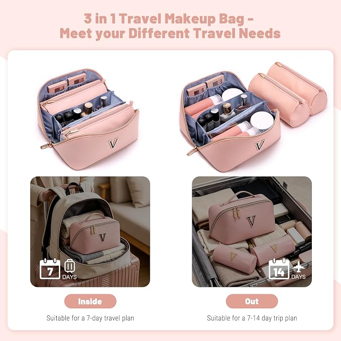 BOYATU Personalized Travel Makeup Bag: 3-in-1 Cosmetic Bag Gift for Women | Initial Make up Bag Organizer - Custom Letters A-Z - Flat Open Portable Toiletry Bag for Birthday Graduation Anniversary - Image 5